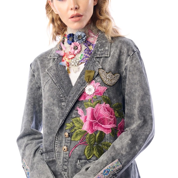 Aratta Jackets & Blazers - Aratta Silent Journey Floral Embroidered Gray Blazer Colonel Top Jacket M